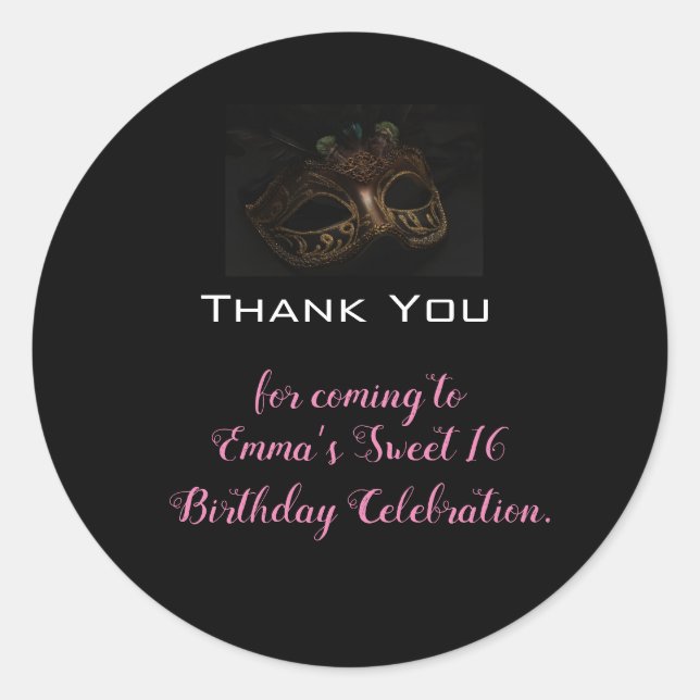 Masquerade Black Pink Birthday Thank You Classic Round Sticker