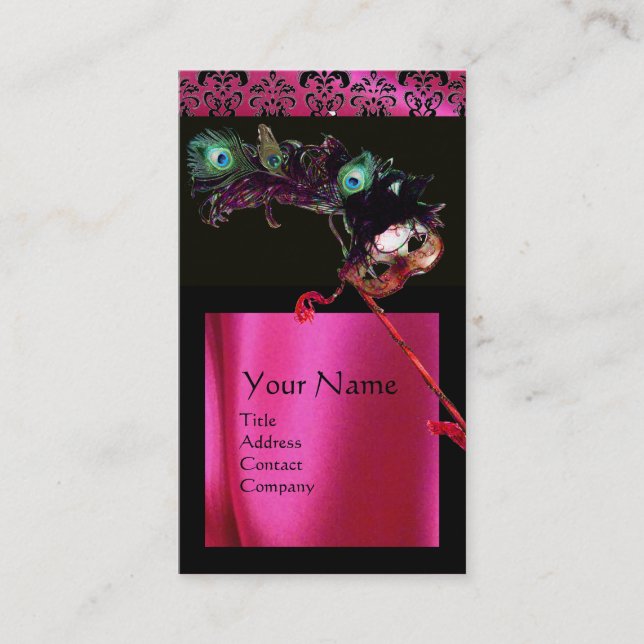 MASQUERADE BLACK PINK FUCHSIA SILK DAMASK CLOTH BUSINESS CARD (Front)