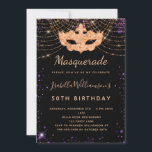 Masquerade black purple glitter dust birthday invitation<br><div class="desc">For an elegant Masquerade,  50th (or any age) birthday.  A stylish black background. Decorated with purple faux gold glitter dust and a golden masquerade mask.  Personalize and add a name,  age and party details. The name is written with a hand lettered style script</div>