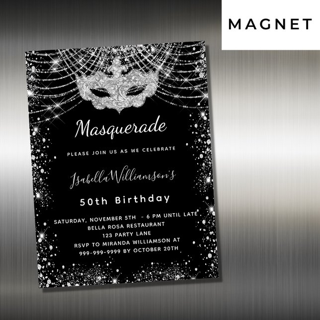 Masquerade black silver luxury birthday party magnetic invitation (Creator Uploaded)