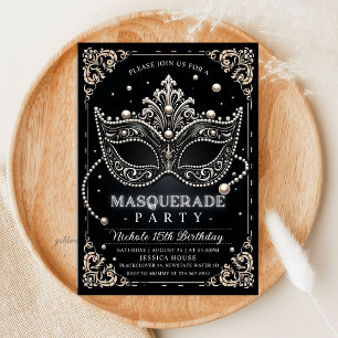 Masquerade Black White Birthday Invitation Party