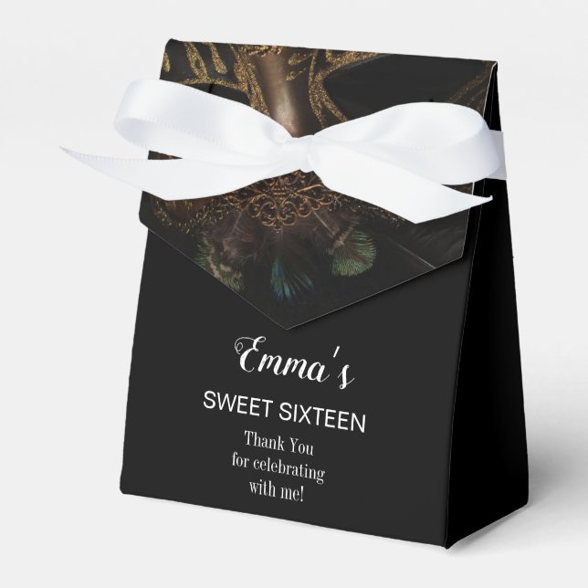 Masquerade Black White Sweet 16 Birthday Thank You Favor Box (Front Side)