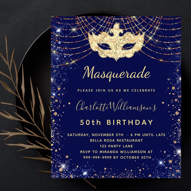 Masquerade blue gold birthday budget invitation flyer (Creator Uploaded)