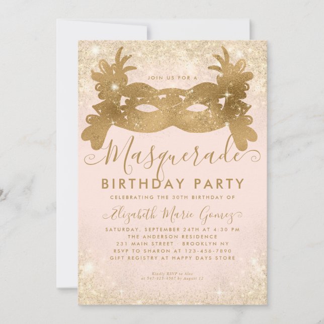 Masquerade Blush Pink Gold Glitter Birthday Party Invitation (Front)
