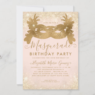 Masquerade Blush Pink Gold Glitter Birthday Party Invitation
