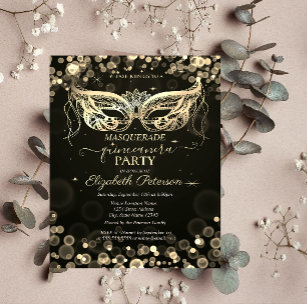 Masquerade Bokeh Dark Quinceañera Invitation Postcard