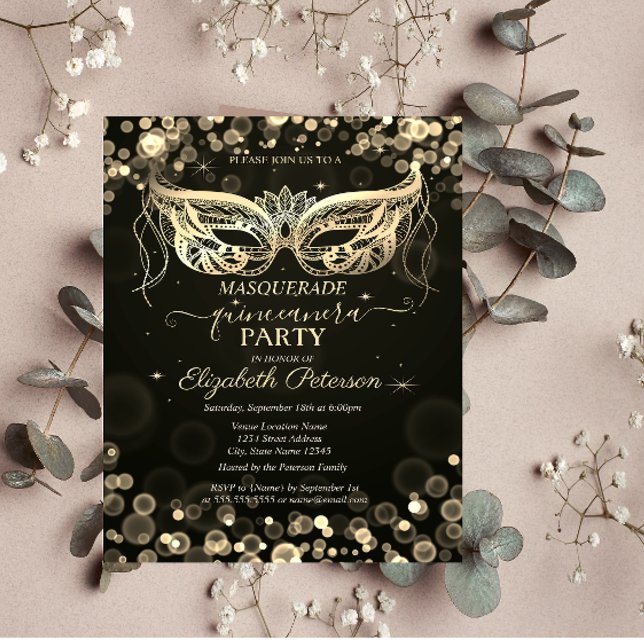 Masquerade Bokeh Dark Quinceañera Invitation Postcard (Creator Uploaded)