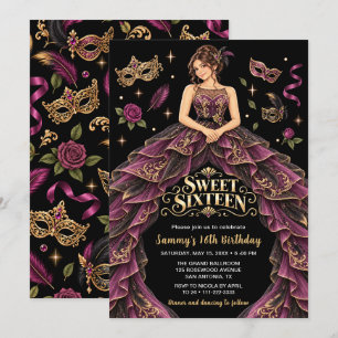 Masquerade Burgundy Gold Sweet Sixteen Invitation