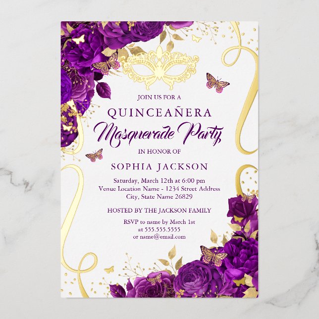Masquerade Butterfly Gold Purple Quinceanera (Front)
