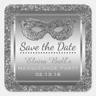 Masquerade Costume Party Glam Silver Save the Date Square Sticker
