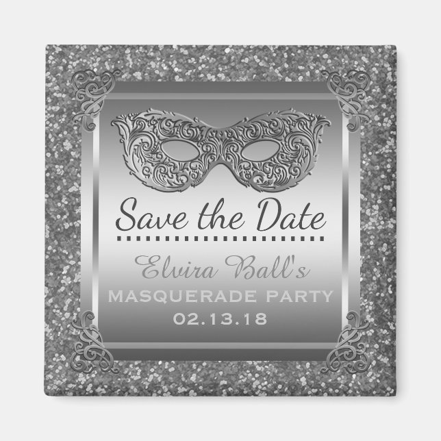 Masquerade Costume Party Save the Date Glam Silver Magnet (Front)