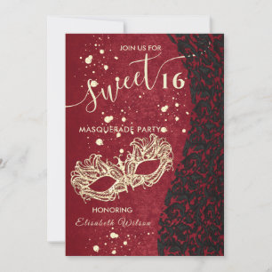 Masquerade diamond damask red sweet 16  invitation