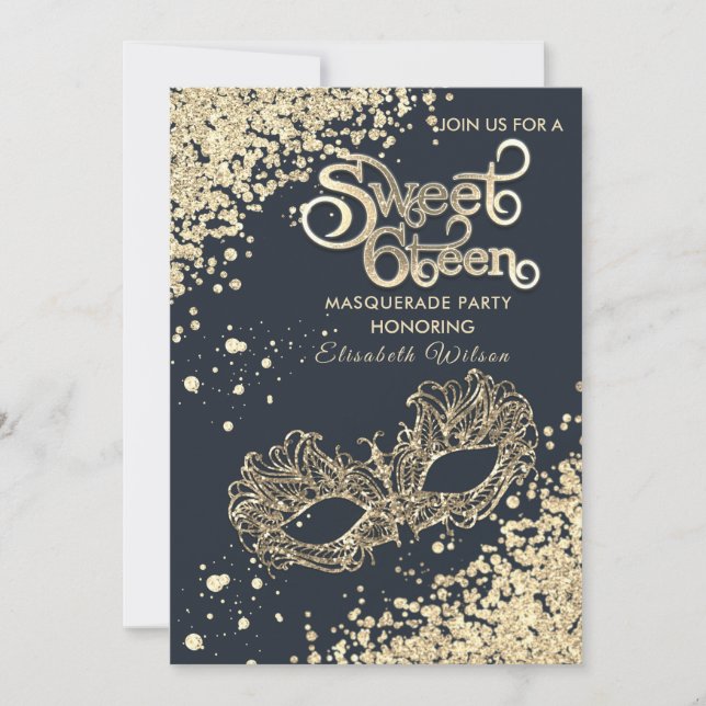  Masquerade diamond luxury  gold sweet 16  Invitation (Front)