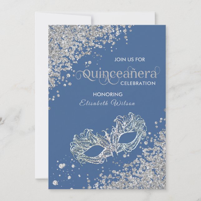  Masquerade diamond luxury Quinceañera blue Invitation (Front)
