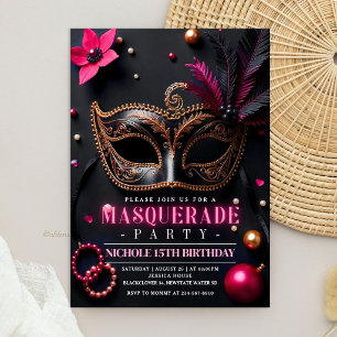 Masquerade Elegant Black Pink Party Invitation