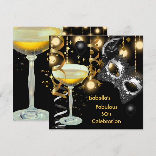Masquerade Fabulous Mask Gold Lights Black Party Invitation (Front/Back)
