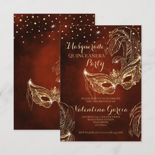 Masquerade glitter quinceanera mask invite red (Front/Back)