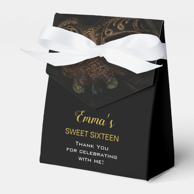 Masquerade Gold Black Sweet 16 Birthday Thank You Favor Box (Front Side)