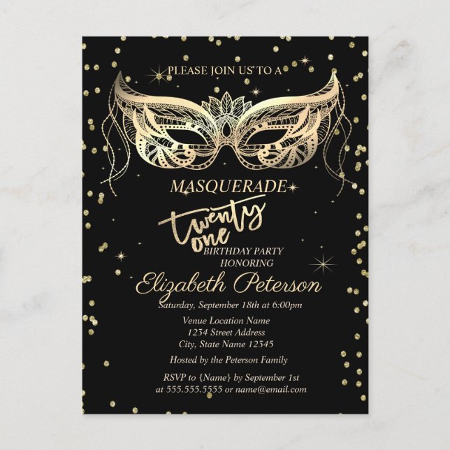 Masquerade Gold Diamonds 21st Birthday Party Invitation Postcard (Front)