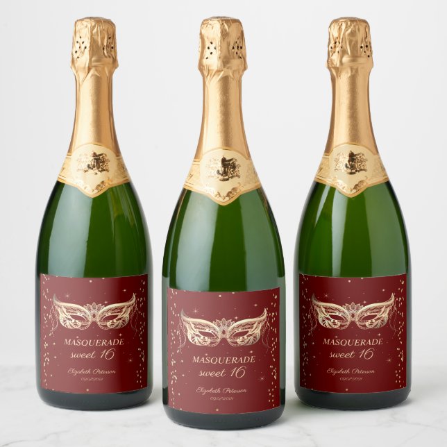Masquerade Gold Diamonds Burgundy Sweet 16  Sparkling Wine Label (Bottles)