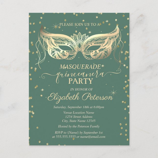 Masquerade Gold Diamonds Green Quinceañera Invitation Postcard (Front)