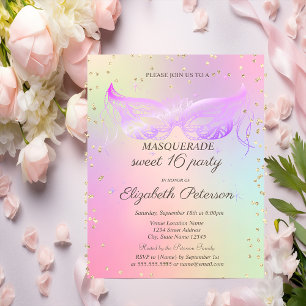 Masquerade Gold Diamonds Holographic Sweet 16 Invitation Postcard