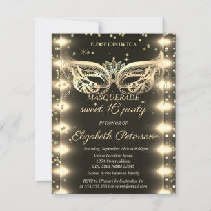 Masquerade Gold Diamonds Lights Sweet 16  Invitation
