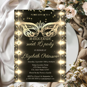 Masquerade Gold Diamonds Lights Sweet 16  Invitation