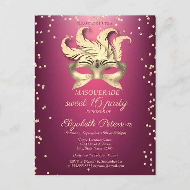 Masquerade Gold Diamonds,Masque,Purple Sweet 16 Invitation Postcard (Front)