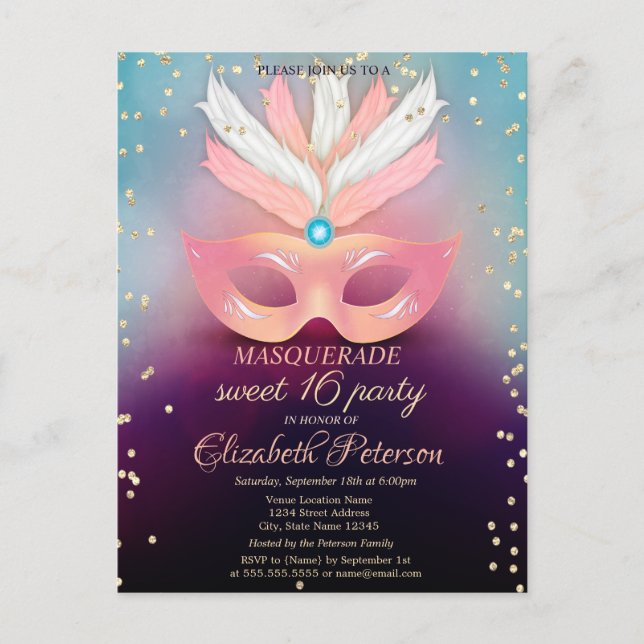 Masquerade Gold Diamonds,Pink Masque Sweet 16 Invitation Postcard (Front)