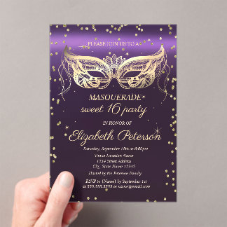 Masquerade Gold Diamonds Purple Sweet 16  Acrylic Invitations