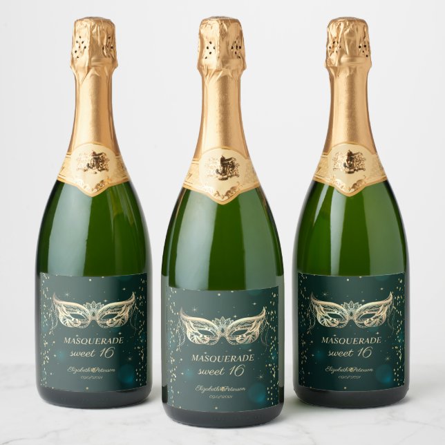 Masquerade Gold Diamonds Stars Green Sweet 16  Sparkling Wine Label (Bottles)