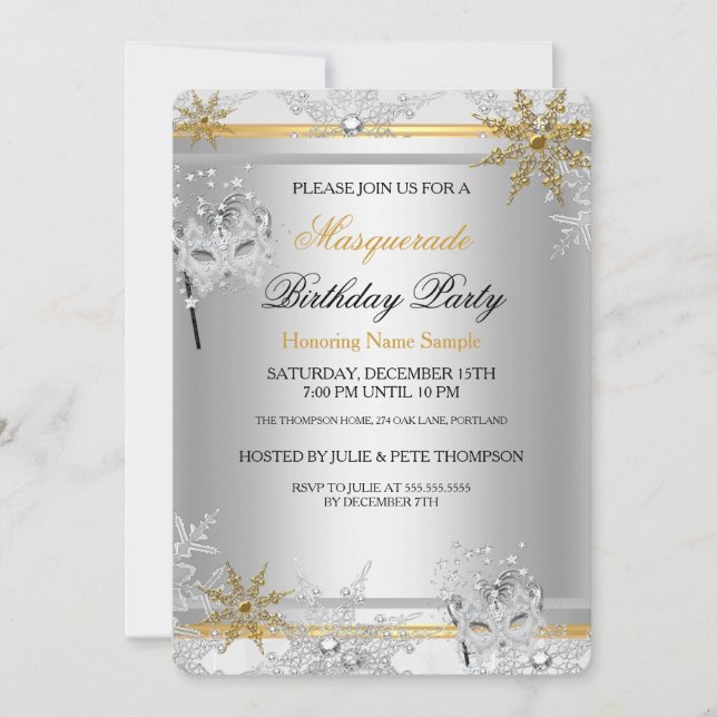 Masquerade Gold Snowflakes Silver Masks Party 2 Invitation (Front)