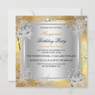 Masquerade Gold Snowflakes Silver Masks Party 3 Invitation