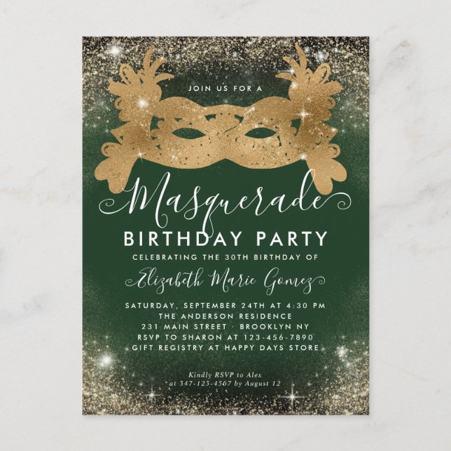 Masquerade Green Gold Glitter Dust Birthday Party Postcard (Front)