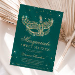 Masquerade green gold glitter mask Sweet 16 Invitation<br><div class="desc">A modern,  chic and glamourous sweet sixteen with a hand drawn gold glitter masquerade mask with gold glitter diamond sparkles on an editable green background with gold glitter at the back.</div>