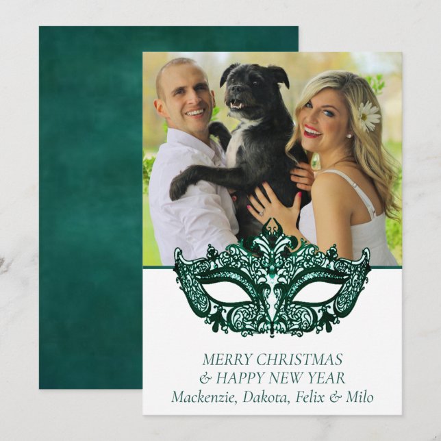 Masquerade Green Mask | Mardi Gras Theme Photo Holiday Card (Front/Back)
