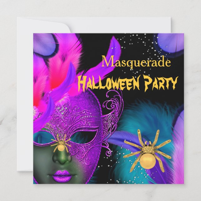 Masquerade Halloween Party Pink Teal Masks Spider Invitation (Front)