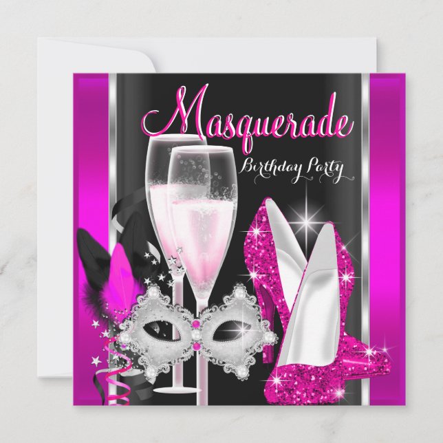 Masquerade Hi Heels Pink Black Champagne Party 3d Invitation