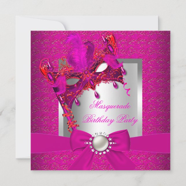 Masquerade Hot Pink Silver Pink Birthday Party Invitation (Front)