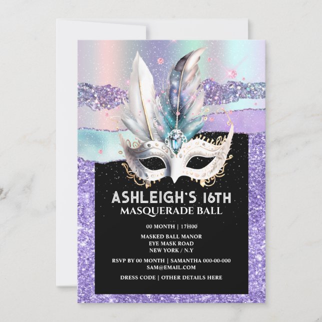 masquerade iridescent Venetian mask girly glam Invitation (Front)
