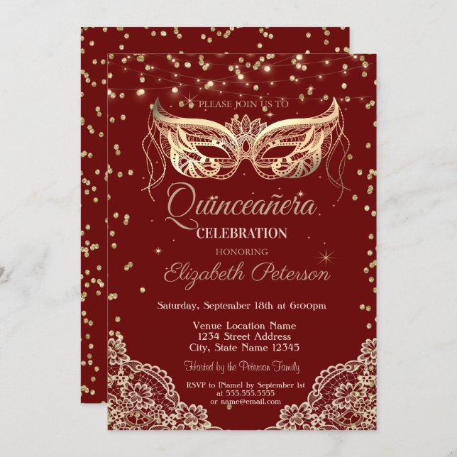 Masquerade, Lace, Diamonds Quinceañera Invitation (Front/Back)