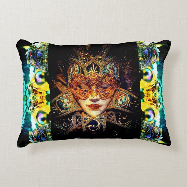 Masquerade mask ball beauty black teal gold accent pillow (Front)