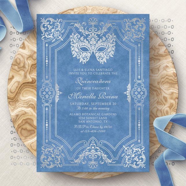 Masquerade Mask Blue Elegant Quinceanera Invitation (Creator Uploaded)