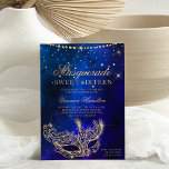 Masquerade mask blue gold glitter Sweet 16  Invitation<br><div class="desc">A modern,  chic and glamourous sweet sixteen with a hand drawn gold glitter masquerade mask with gold glitter diamond sparkles on a dark navy blue watercolor background.</div>