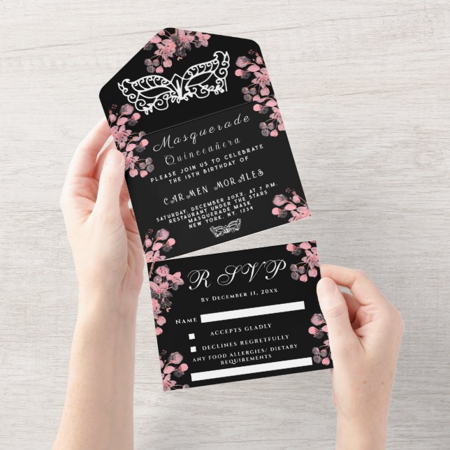 Masquerade Mask Cherry Blossom Pink Quinceanera All In One Invitation (Tearaway)