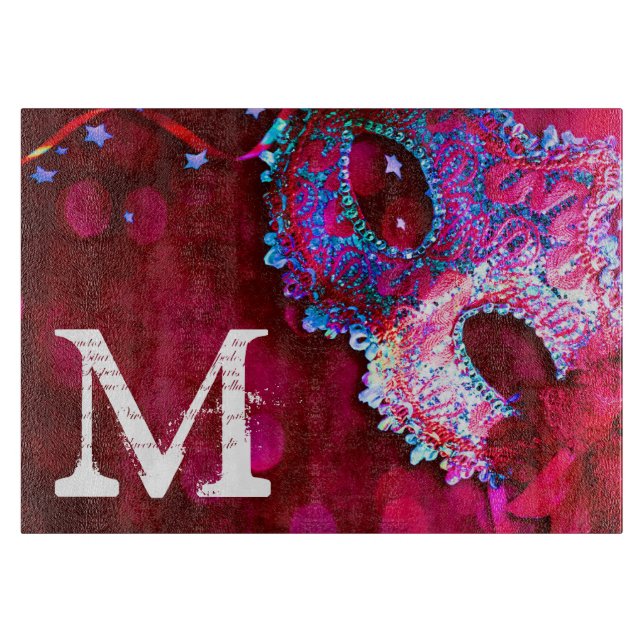 Masquerade Mask Costu Monogram Glass Cutting Board (Front)