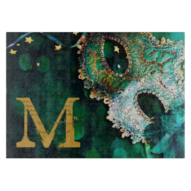 Masquerade Mask Costu Monogram Glass Cutting Board (Front)