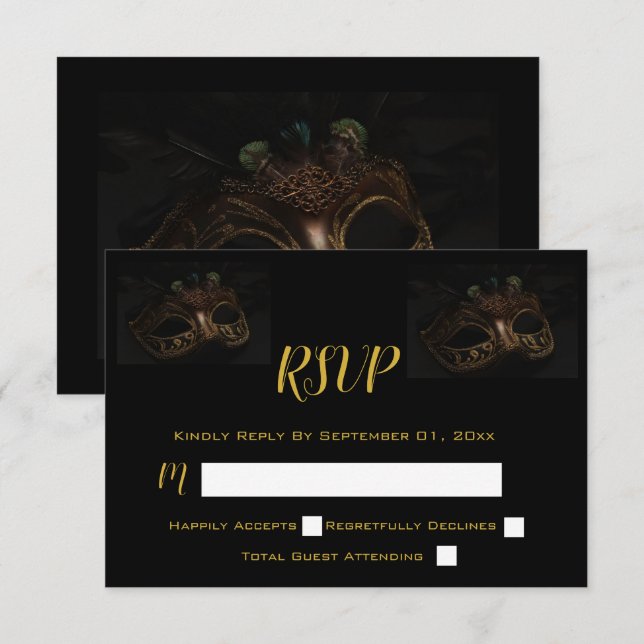 Masquerade Mask Elegant Black & Gold  RSVP Card (Front/Back)