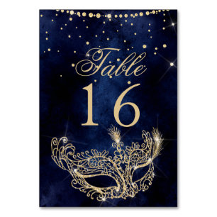 Masquerade mask elegant chic gold glitter sparkles table number